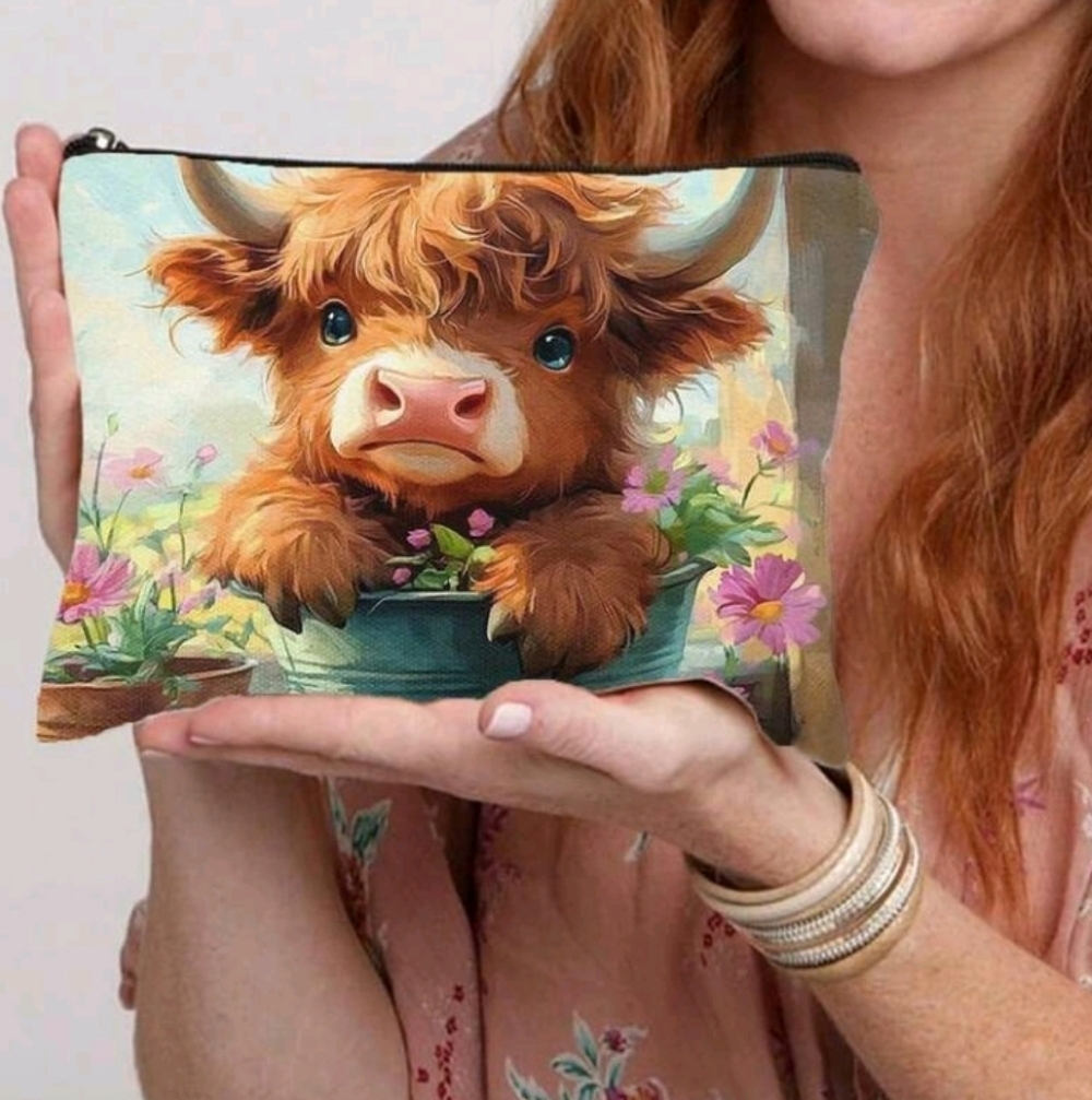 Cute Highland Cow Floral Art Brown, Pink, Green Design Canvas Zip Pouch Purse